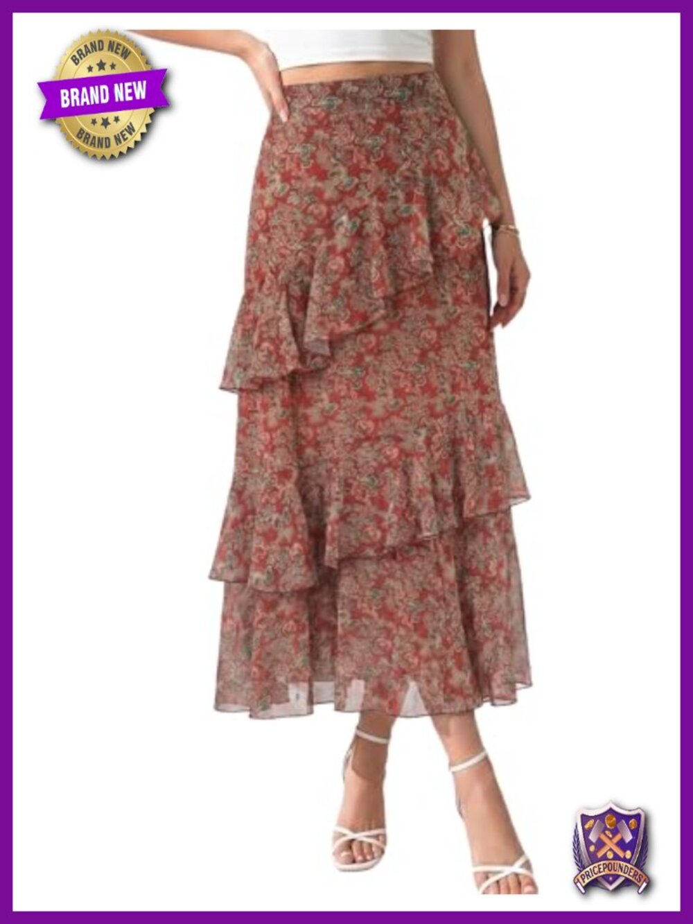 Women's Boho Floral Midi Skirt A-Line Tiered Ruffle Chiffon